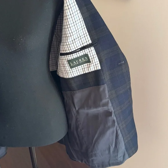 Lauren Ralph Lauren Men's 100% Wool Plaid Blazer Jacket Navy Blue Size 40R